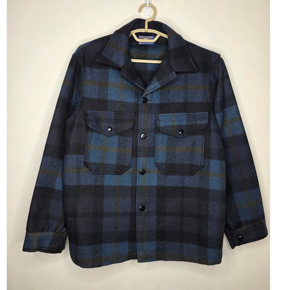 Vintage Pendleton blue tan plaid button front wool shirt jacket shacket - small